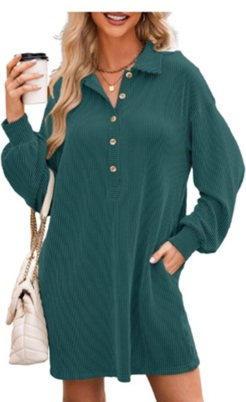 AlvaQ Womens Long Sleeve Dress Loose Button Front Lapel Collared Ribbed-SIZE 2XL